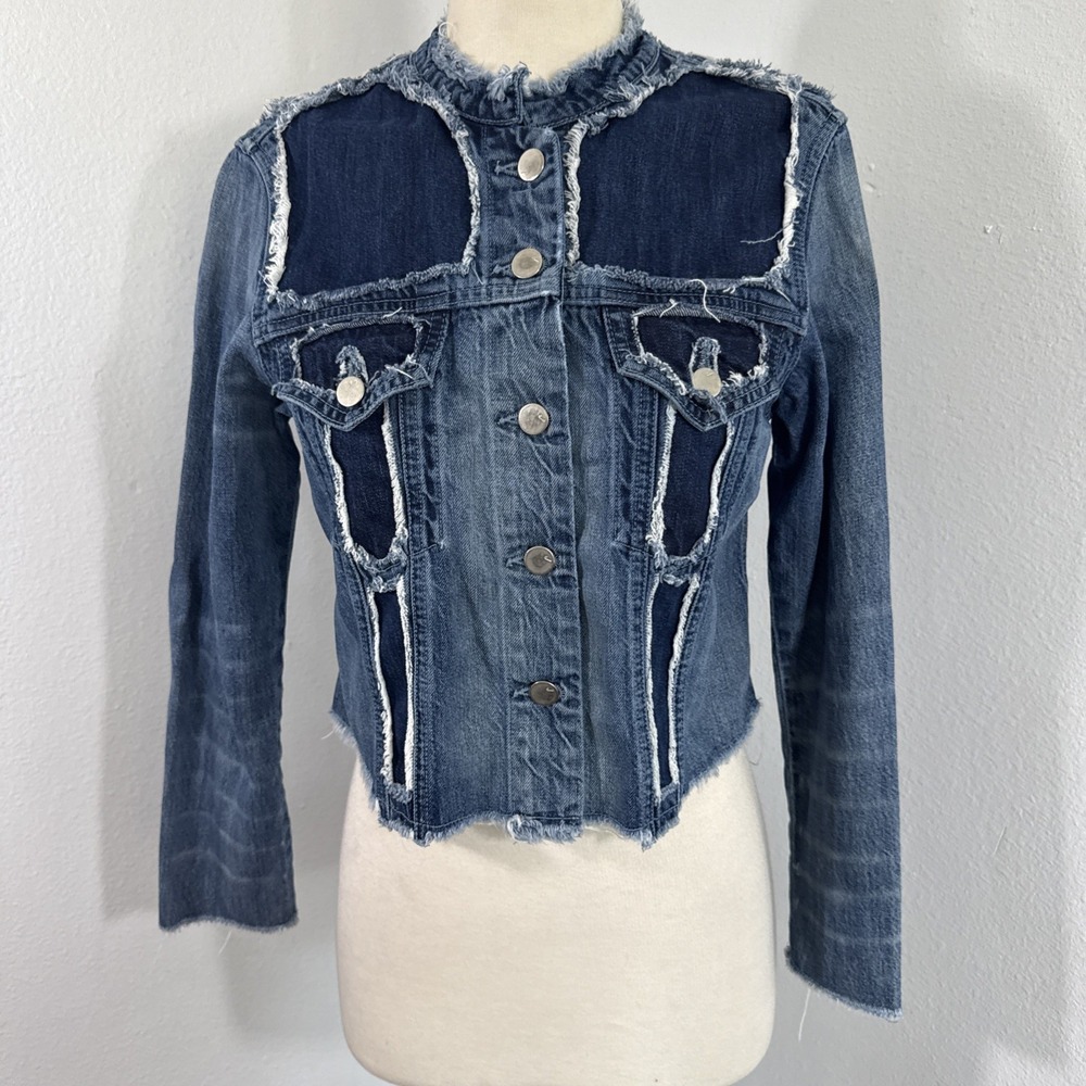 J Brand Denim Jacket Womens XS Blue Patchwork Cropped Fray Hem Y2K Festival